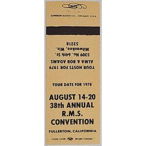 Vintage Matchbook Cover RMS 38th Annual Convention 1978 Fullerton CA Beige